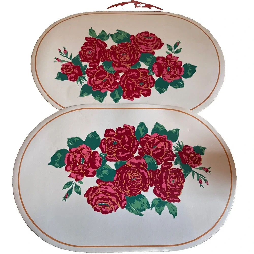 Vintage Vinyl Foam Placemats Red Pink Rose Floral Gold Border Set of 2 Woolworth